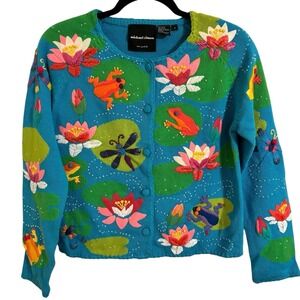Michael Simon Cardigan Sweater Small Frogs  Butterflies & Lily Pads Embroidered
